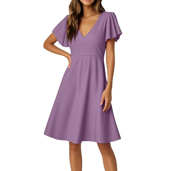 UoCefik Women's Ruffle Short Sleeve Deep V Neck A Line Swing Flared Cocktail Party Midi Dress Purple XXL