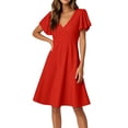 thumbnail image 1 of UoCefik Women's Ruffle Short Sleeve Deep V Neck A Line Swing Flared Cocktail Party Midi Dress Red M, 1 of 4