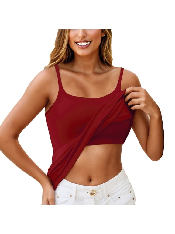Tank Tops With Shelf Bra for Women Cotton Adjustable Spaghetti Strap Camisole Tops Basic Padded Trendy Undershirts 2025 Yoga Tops Wine XL