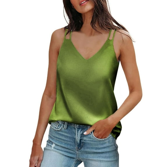 UoCefik Women's Silk Satin Tank Tops 2025 V Neck Adjustable Spaghetti Strap Sleeveless Camisole Summer Basic Blouse Army Green L