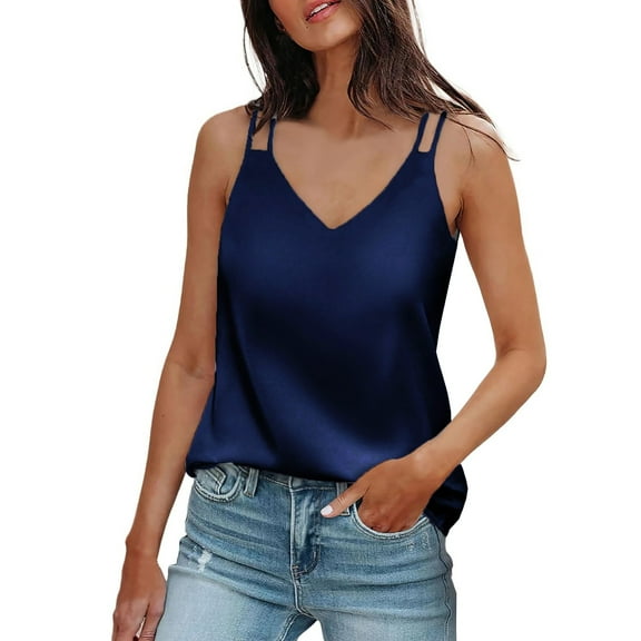 UoCefik Women's Silk Satin Tank Tops 2025 V Neck Adjustable Spaghetti Strap Sleeveless Camisole Summer Basic Blouse Blue XXL