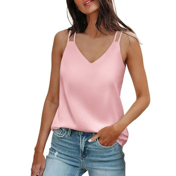 UoCefik Women's Silk Satin Tank Tops 2025 V Neck Adjustable Spaghetti Strap Sleeveless Camisole Summer Basic Blouse Pink M