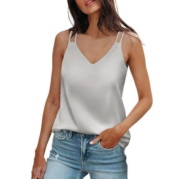 UoCefik Women's Silk Satin Tank Tops 2025 V Neck Adjustable Spaghetti Strap Sleeveless Camisole Summer Basic Blouse Silver M
