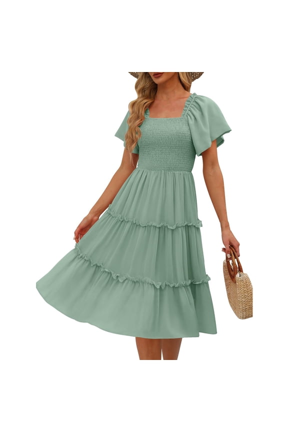 Women's Summer Casual Flutter Sleeve Square Neck Smocked Midi Dress Green L