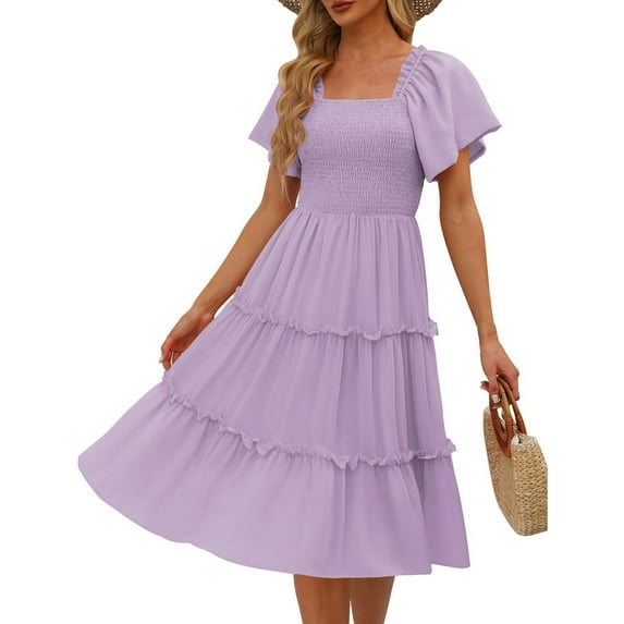 UoCefik Women's Summer Casual Flutter Sleeve Square Neck Smocked Midi Dress Light Purple M