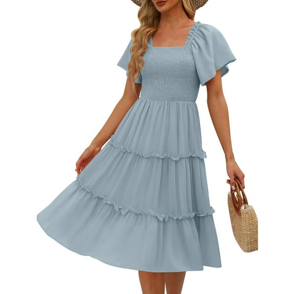 UoCefik Women's Summer Casual Flutter Sleeve Square Neck Smocked Midi Dress Sky Blue L