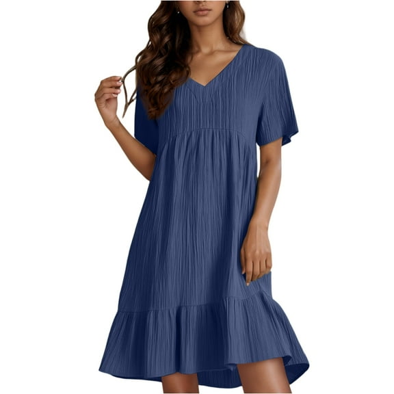 UoCefik Women's Summer Dresses Casual Midi Swing Short Sleeve V Neck Tiered A Line Flowy Beach Dress Sundress 2025, Navy M