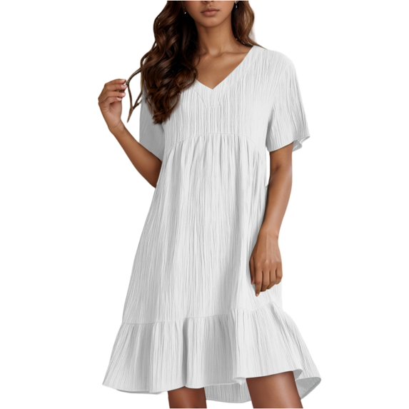 UoCefik Women's Summer Dresses Casual Midi Swing Short Sleeve V Neck Tiered A Line Flowy Beach Dress Sundress 2025, White XXL