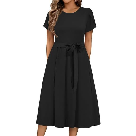 UoCefik Women's Summer Short Sleeve Maxi Dress 2025 Casual Crewneck Pleated A Line Flowy Long Dresses with Pockets Black M