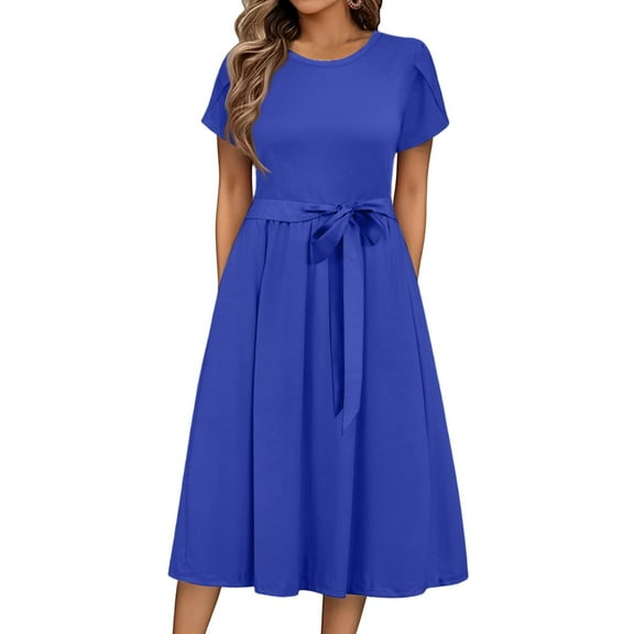 UoCefik Women's Summer Short Sleeve Maxi Dress 2025 Casual Crewneck Pleated A Line Flowy Long Dresses with Pockets Blue XL