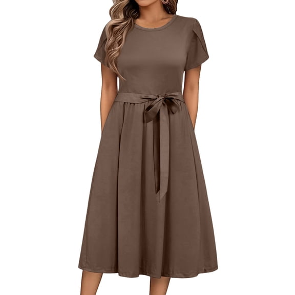 UoCefik Women's Summer Short Sleeve Maxi Dress 2025 Casual Crewneck Pleated A Line Flowy Long Dresses with Pockets Coffee XL