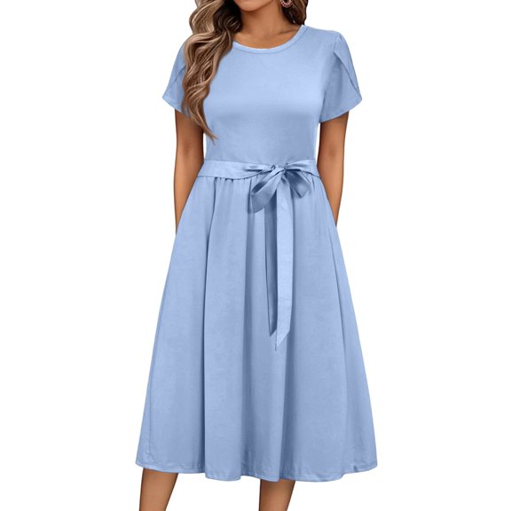 UoCefik Women's Summer Short Sleeve Maxi Dress 2025 Casual Crewneck Pleated A Line Flowy Long Dresses with Pockets Light Blue L
