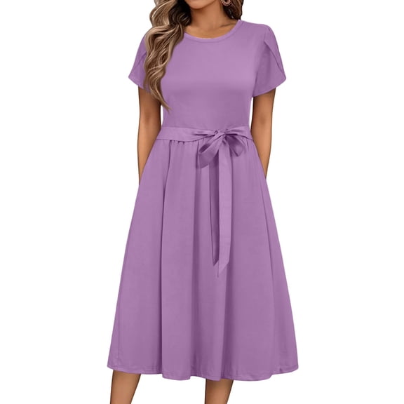 UoCefik Women's Summer Short Sleeve Maxi Dress 2025 Casual Crewneck Pleated A Line Flowy Long Dresses with Pockets Purple XL