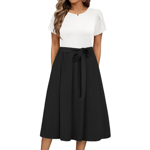 UoCefik Women's Summer Short Sleeve Maxi Dress 2025 Casual Crewneck Pleated A Line Flowy Long Dresses with Pockets White XL