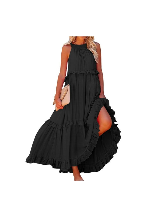 Women's Summer Sleeveless Halter Neck Tiered Dress Flowy Ruffle Long Beach Maxi Dress Sundress Black S