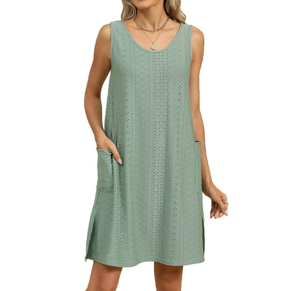 UoCefik Women's Swimsuit Cover Up Spaghetti Strap Eyelet Bathing Suit Cover Ups Sleeveless Beach Cover Up Dress with Pockets Army Green L