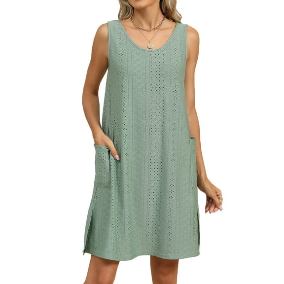 UoCefik Women's Swimsuit Cover Up Spaghetti Strap Eyelet Bathing Suit Cover Ups Sleeveless Beach Cover Up Dress with Pockets Army Green M