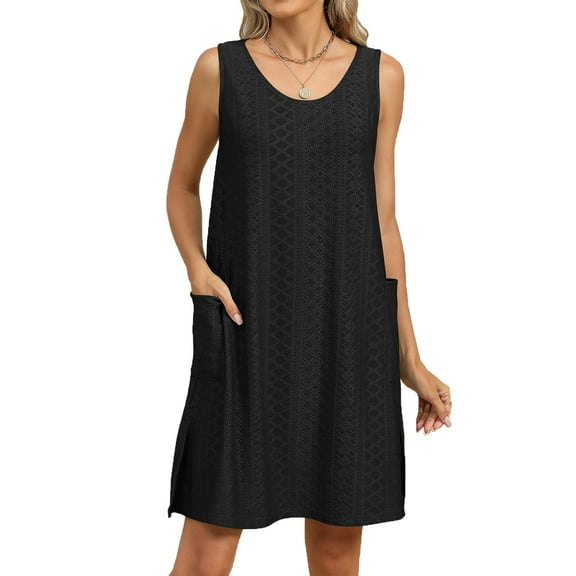 UoCefik Women's Swimsuit Cover Up Spaghetti Strap Eyelet Bathing Suit Cover Ups Sleeveless Beach Cover Up Dress with Pockets Black S