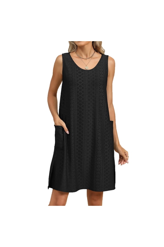 Women's Swimsuit Cover Up Spaghetti Strap Eyelet Bathing Suit Cover Ups Sleeveless Beach Cover Up Dress with Pockets Black S