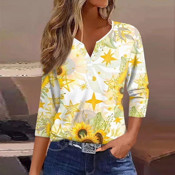 UoCefik Womens 3/4 Sleeve Tops And Blouses Casual V Neck Button Down Shirts Summer Henley Blouse Loose Fit Tshirts Cute Lightweight Sunflower Print Tunic Gold L
