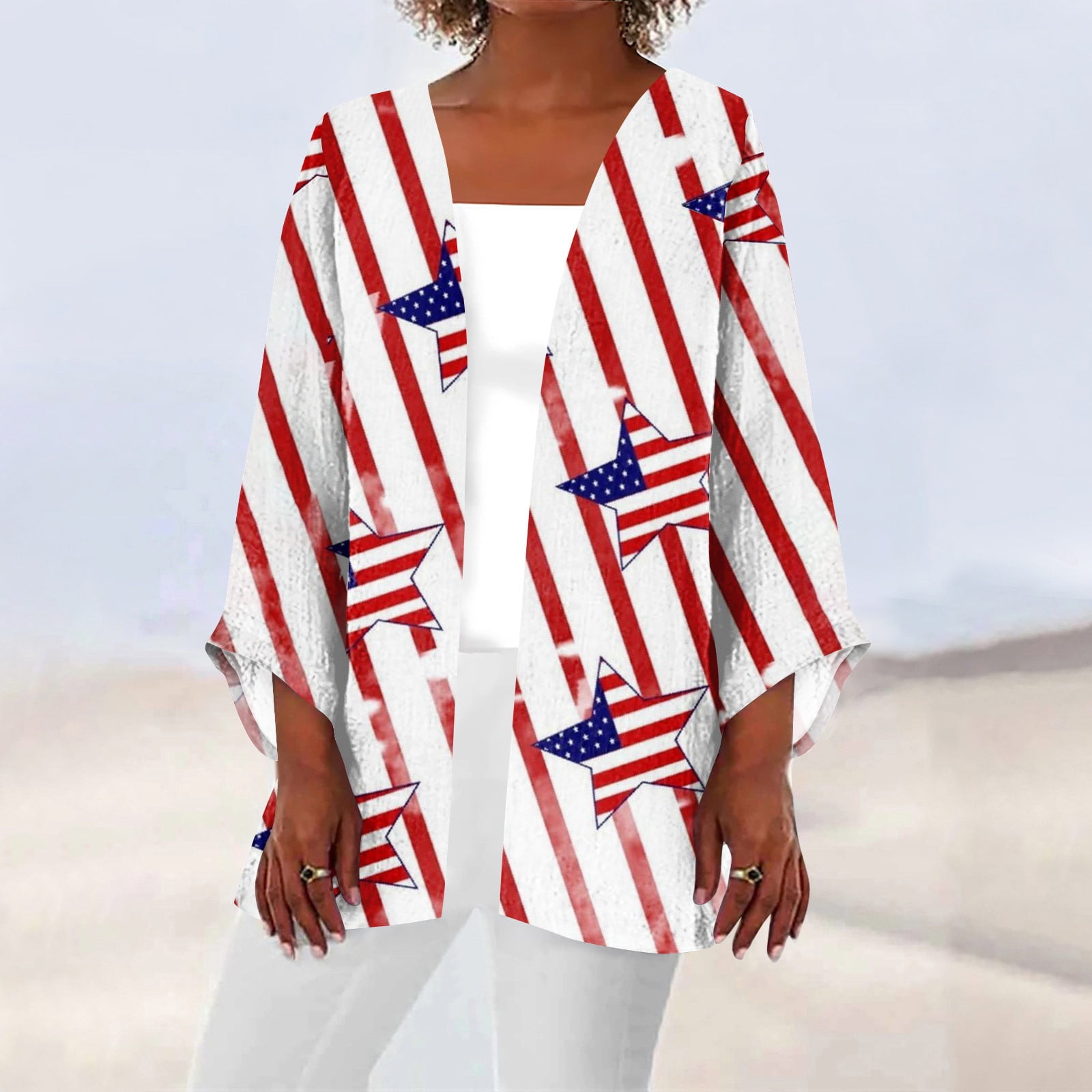 UoCefik Womens 4th of July Tee Shirts 3/4 Sleeve USA Flag Print