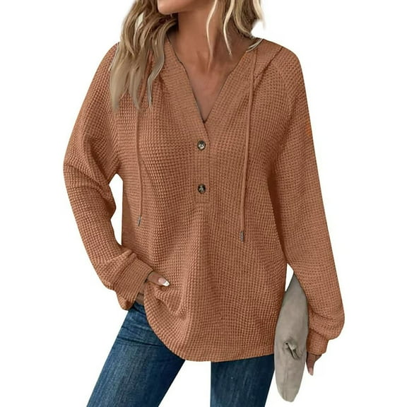 UoCefik Womens Black Hoodie Casual Waffle Knit V Neck Drawstring Sweatshirt Fashion Fall Button Up Long Sleeve Pullover Hooded Trendy Maternity Tops Beige 3XL