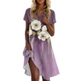 thumbnail image 1 of UoCefik Womens Cocktail Dresses Casual Floral Short Sleeve Mid Length Dresses Elegant V Neck Summer Beach Sundress Trendy Business Flowy Dress Purple XL, 1 of 4
