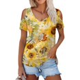 thumbnail image 1 of UoCefik Womens Cold Shoulder Tops Short Sleeve Dressy Casual Shirts Summer Fashion V Neck Basic Tees Sunflower Print Blouses Yellow M, 1 of 6