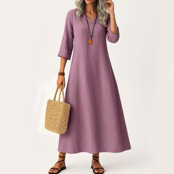 UoCefik Womens Cotton Linen Dress Loose Fit Flowy 3/4 Sleeve Long Dress Work Casual V Neck Dresses Fashion Fall Vacation Beach Sundress Purple XL