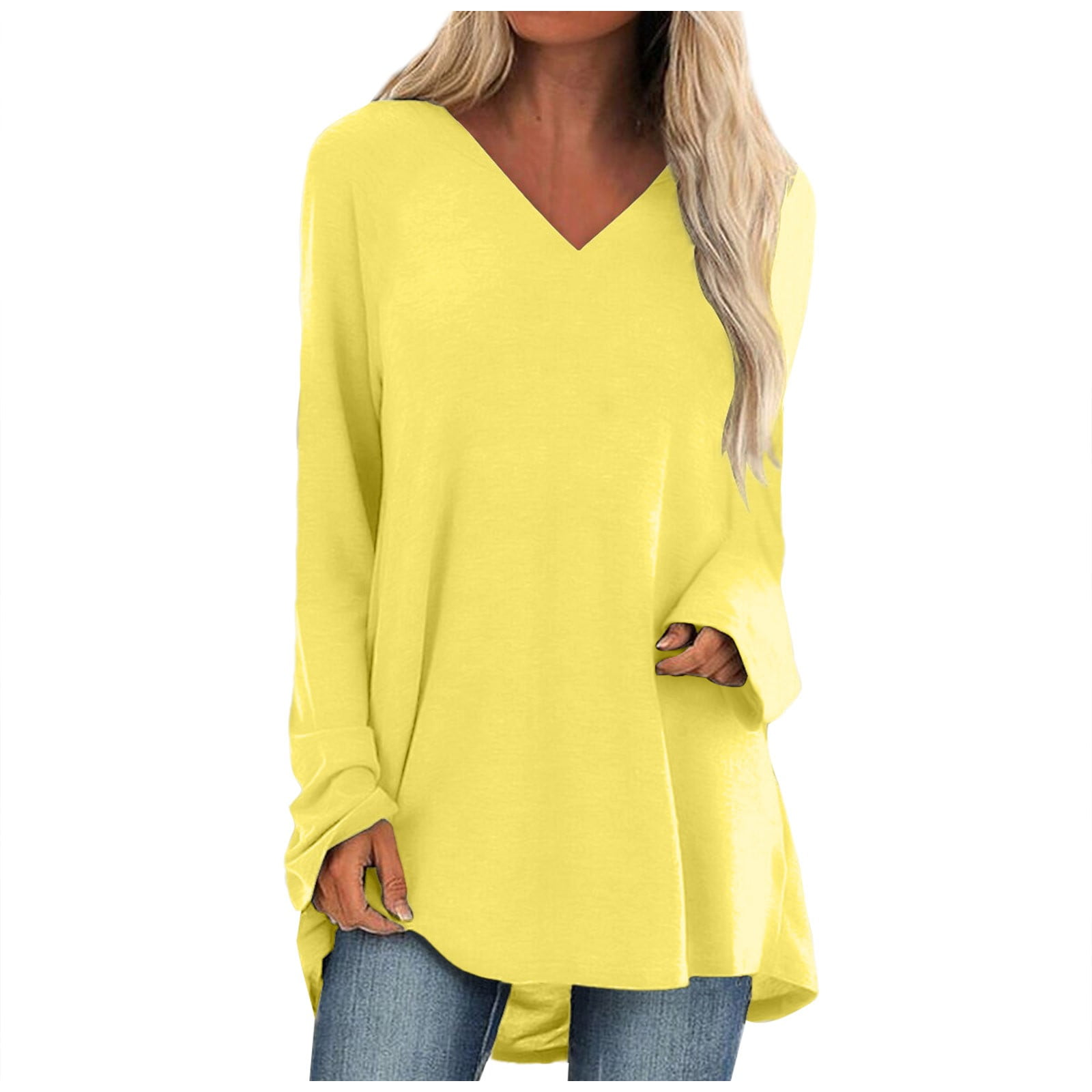 UoCefik Womens Dress Shirts V Neck Solid Color Clothes Long Sleeve Womens Dressy Tops Loose Fit