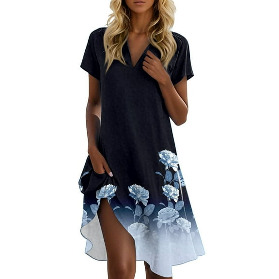 UoCefik Womens Dresses For Wedding Guest Beach Short Sleeve V Neck Flowy Dresses Party Floral Summer Plus Size Sundress Vacation Casual Dress Blue S
