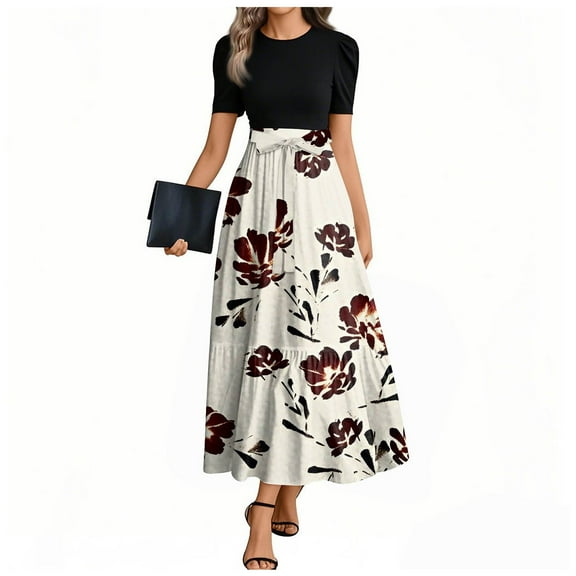 UoCefik Womens Dresses Plus Size Summer Floral Elegant Wedding Guest Dresses Wrap Short Sleeve Patchwork Business Casual Flowy Long Maxi Dress Wine XXL