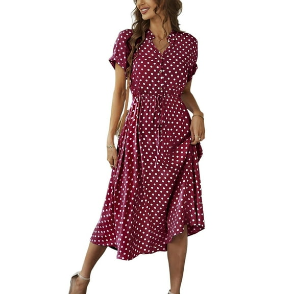 UoCefik Womens Dresses for Wedding Guest Polka Dot Button Down Tie Waist Midi Dress Y2k Elegant Short Sleeve Vacation Dresses Wine XL