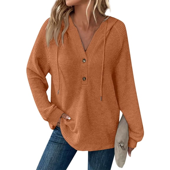UoCefik Womens Hoodie Casual Waffle Knit Long Sleeve Buttons Sweatshirt Oversized Hooded Henley V Neck Drawstring Pullover Lightweight Fall Loose Fit Shirts Ginger XXL