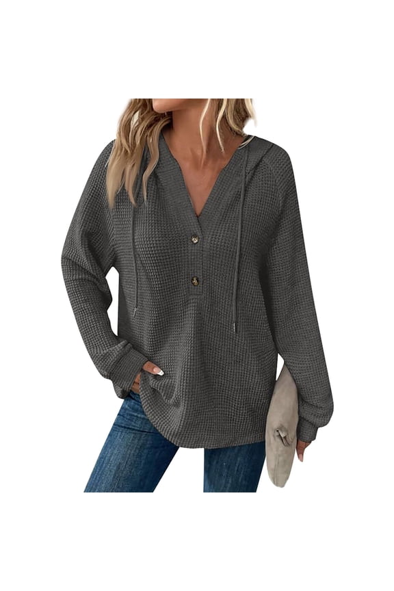Womens Hoodies Waffle Fashion Knit Long Sleeve Button Up Sweatshirts Fall Casual Drawstring V Neck Pullover Trendy Hooded Loose Fit Sweaters Dark Gray L
