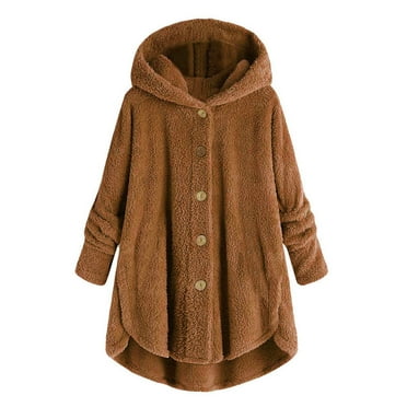 UoCefik Womens Jackets Casual Warm Fleece Hooded Coats Winter Oversized Button Down Cardigan Fuzzy Long Sleeve Outwear Jackets with Pockets Earthy Yellow S