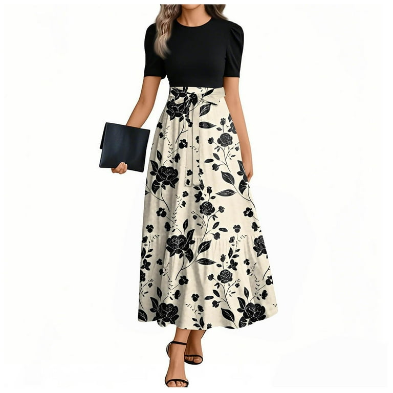 boho funeral dress Uocefik Womens Khaki Dresses For Summer Floral Flowy Dresses Tie Belted Short Sleeve Ruffle Hem Elegant Long L, Women's, Size PD73