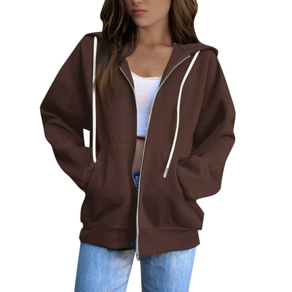 UoCefik Womens Lightweight Zip Up Hoodie Comfy Long Sleeve Oversized Sweatshirts Cropped Drawstring Casual Y2k Trendy Jackets with Pockets Brown M
