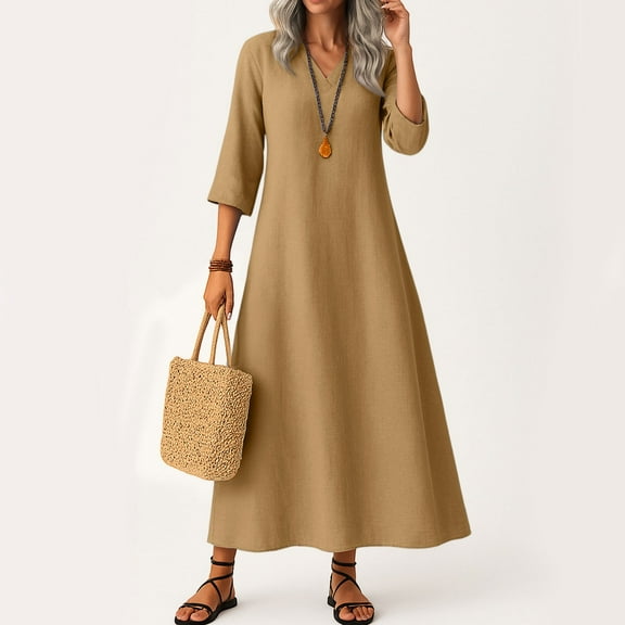 UoCefik Womens Linen Dresses Fashion V Neck Flowy Maxi Dresses Plus Size Casual 3/4 Sleeve Dress Summer Fall Vacation Beach Sundress Light Brown M