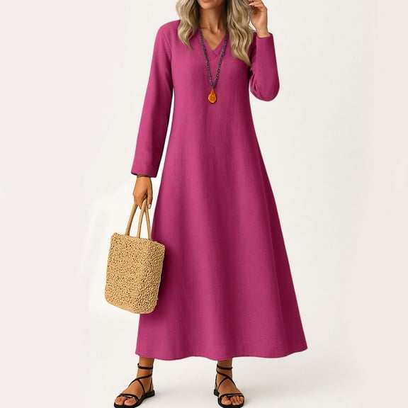 UoCefik Womens Linen Dresses Summer Fashion V Neck Long Sleeve Maxi Dresses Trendy Fall Flowy Dress Modest Casual Vacation Beach Sundress Hot Pink S
