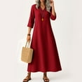 thumbnail image 1 of UoCefik Womens Linen Dresses Summer Modest 3/4 Sleeve Flowy Maxi Dresses Elegant Casual V Neck Sundress Trendy Fall Vacation Beach Dress Wine M, 1 of 5