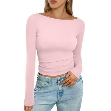 UoCefik Womens Long Sleeve Shirts Basic Crop Tops Tight Slim Fit Cute Teen Girls Fall Winter Y2k Clothes Pink M