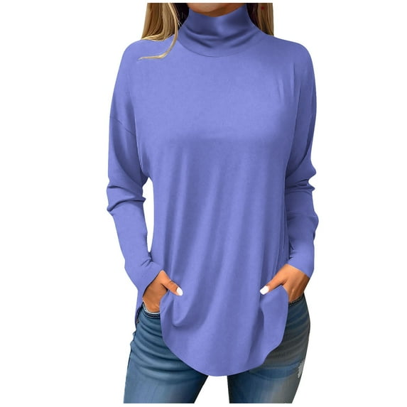 UoCefik Womens Long Sleeve Tops Medium Turtleneck Shirts Winter Turtle Neck Tunic Tops To Wear with Leggings Solid Color Fall Blouses Plus Size Clothes Loose Fit Sweatshirts Blue 3XL
