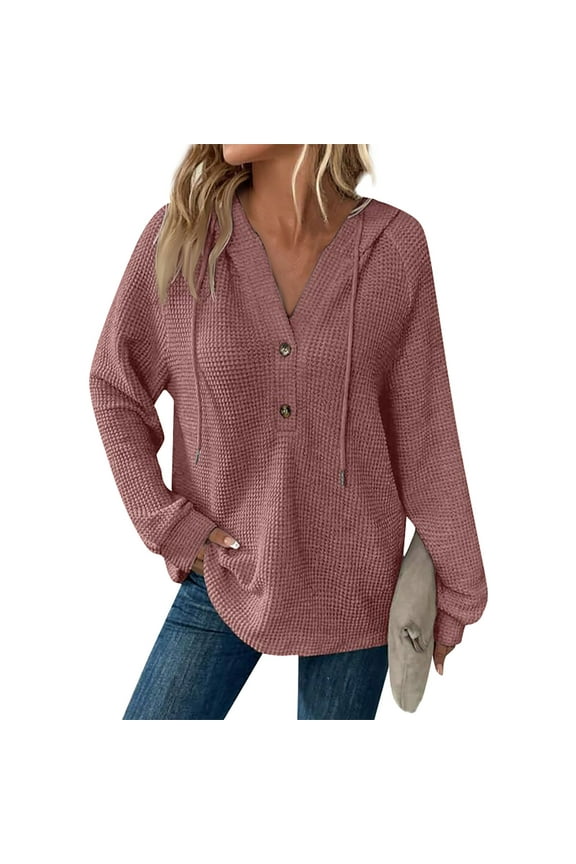 Womens Pullover Sweatshirts Trendy Waffle Knit Drawstring V Neck Hoodie Fall Casual Button Up Long Sleeve Pullover Comfy Oversized Hooded Tops Purple XXL