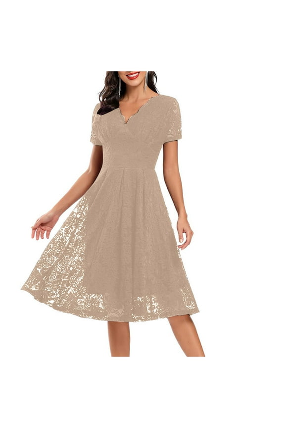 Womens Short Sleeve Wedding Guest Dress A-Line Lace Formal Party Cocktaill Midi Dress Prom Beige S