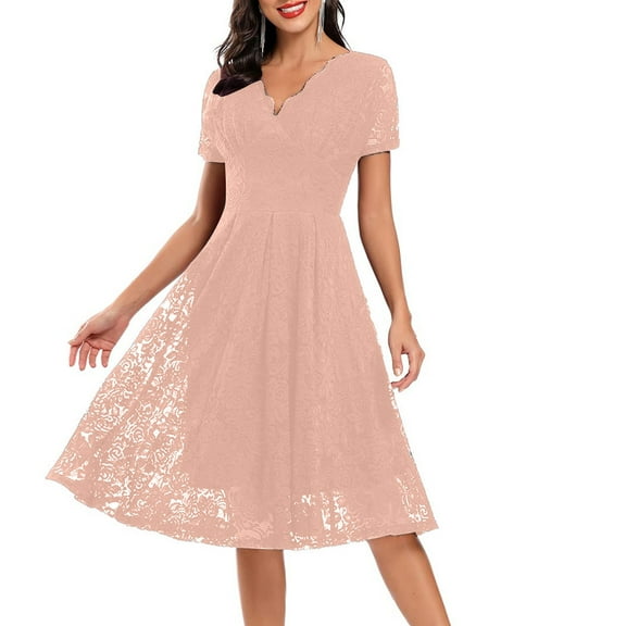 UoCefik Womens Short Sleeve Wedding Guest Dress A-Line Lace Formal Party Cocktaill Midi Dress Prom Pink L