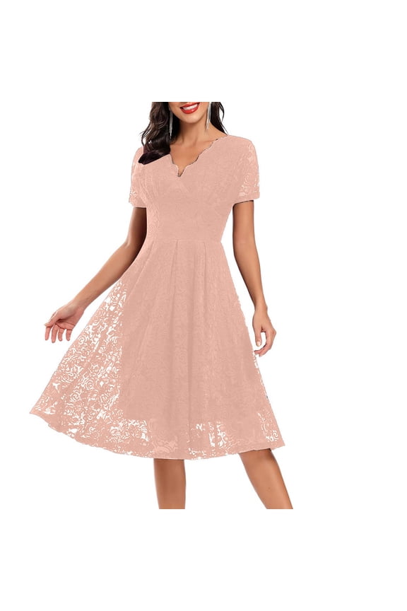 Womens Short Sleeve Wedding Guest Dress A-Line Lace Formal Party Cocktaill Midi Dress Prom Pink XXL