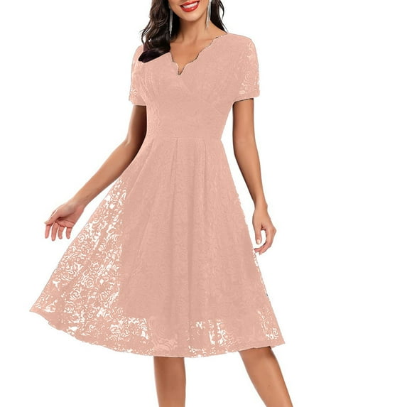 UoCefik Womens Short Sleeve Wedding Guest Dress A-Line Lace Formal Party Cocktaill Midi Dress Prom Pink XXL