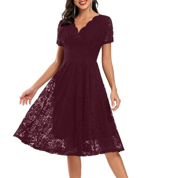 UoCefik Womens Short Sleeve Wedding Guest Dress A-Line Lace Formal Party Cocktaill Midi Dress Prom Wine XXL