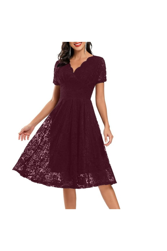 Womens Short Sleeve Wedding Guest Dress A-Line Lace Formal Party Cocktaill Midi Dress Prom Wine XXL